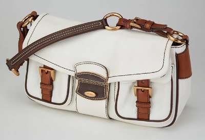 PRADA Handtasche, ecrufarb. und cognacfarb.Leder, Monturen Metall verg., 2 aufgesetzte Taschen mit Schnallen, ein Tragehenkel, innen brauner Stoff ...