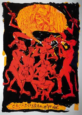 Jörg Immendorff, 1945-2007, "Orchesterhauptprobe", Farbsiebdruck, handsigniert und nummeriert 8/50, datiert 95, PP, ca. 104x74 cm, unter ...