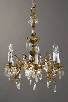Deckenlüster, Frankreich um 1900, Bronze, 6 Brennstellen, Funktion nicht geprüft, H. ca. 66 cm, D. ca. 57 cm