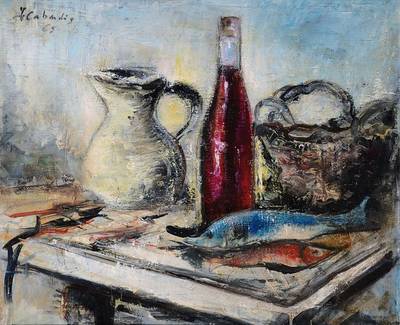J. Cabardig, franz. Künstler, Stillleben mit Fischen, Krug und Flasche, Öl/Lwd., links oben signiert und datiert 65, ca. 46x55 cm, Rahmen