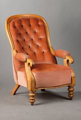 Armlehnsessel, deutsch um 1865, Mahagoni, Polsterung in guten Zustand, Mohair- Bezug, H. ca. 95 cm, Sh. ca. 40 cm