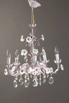 Deckenleuchter, Murano, 2. Hälfte 20. Jh., Blumendekor mit Glaseinsätzen und Gehänge, fünf Brennstellen, H. 45 cm, min. Fehlstellen Elektr. nicht ...