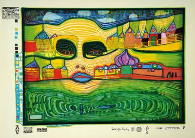 Friedensreich Hundertwasser, 1928-2000, Farbserigraphie, "Irinaland Über dem Balkan", Blatt aus der Regentagmappe, drucksigniert und ...