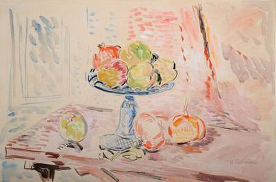Hans Purrmann, 1880-1966, Aquarell auf Bütten, Stillleben mit Früchten, rechts unten signiert, rückseitig mit einer Bleistiftskizze: Lützowufer ...