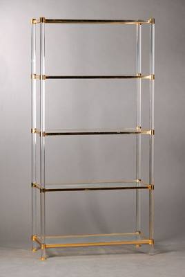 Plexiglasregal mit Glasböden, Italien um 1980, 5 Böden, Gebr.-Sp., ca. 181x90x40 cm