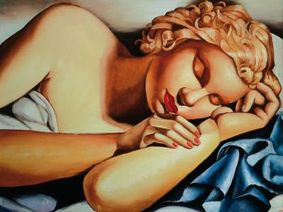 Unbekannter zeitgenössischer Künstler, in der Art der Tamara de Lempicka, hier: Schlafende, Kopie nach dem Original von 1935, Acryl/Lwd, ca. 60x80cm