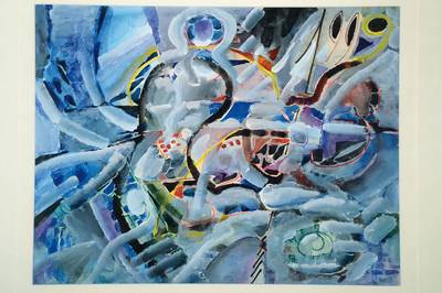 Zeitgenössischer Monogrammist J.P., Abstrakte figurale Darstellung, Gouache/Mischtechnik auf Papier, PP, ca. 41,5x54,5 cm, unter Glas, aufwendige ...