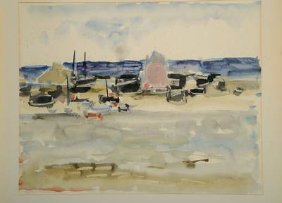 H. Palun, zeitgenössischer französischer Künstler, zwei Aquarelle, mit Abstrakter Darstellung, Ufer- und Seelandschaft, je signiert und datiert 71 ...