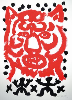 A.R. Penck, geb. 1939 Dresden, Farblithographie, Tiger, handsigniert, Blattgr. ca. 89x70 cm,. Knick am unteren Rand