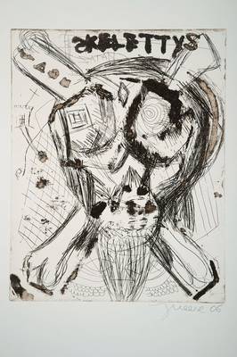 Jonathan Meese, geb. 1971, "Don Skeletti im Fettnapf mit 10 Zäpfchen", Radierung auf dickem Bütten, Griffelkunst 327 A5, aus 2007, ...