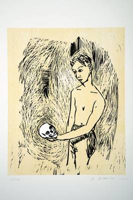 Stephan Balkenhol, geb. 1957, "Junge mit Schädel", handkolorierter Holzschnitt auf dickem Bütten, handsigniert, num. 31/40, aus 2007, ...