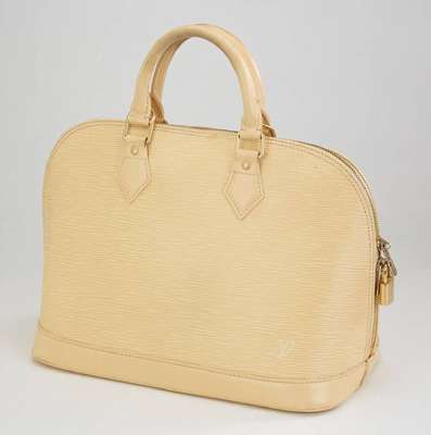 LOUIS VUITTON Tasche, ALMA, cremefarb. Epi- leder, vergoldete Messingbeschläge, LV- Schloss anbei, ohne Schlüssel, innen cremefarb. Stoff, ...