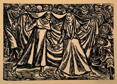 Ernst Barlach 1870-1938, "Totentanz II" Blatt 4 der Folge "Die Wandlungen Gottes", Holzschnitt auf chamoisfarbenem Papier, ...