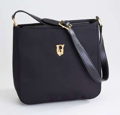 VERSACE Tasche, schwarzes Nylon, Trage- riemen schwarzes Leder, Monturen Metall verg.,Monogramm GV Metall verg., innen schwarzes Leder, ca. 22 x 22 ...