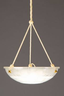 Deckenlampe, Frankreich, um 1930-40, Schale dickwandiges Glas teilmattiert, Montur sek., Elektr. nicht geprüft, D. ca. 35 cm