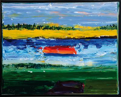 Jürgen Lenk, geb. 1962, Konvolut aus zwei Gemälden, Öl/Lwd, abstrakte Landschaften, je signiert JüLe, je ca. 33x41 cm, Rahmen