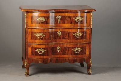 Kommode, Dresdner Barock-Stil, 2.H. 19.Jh., Nussbaum- bzw. Wurzelnussfurnier doppelt gespiegelt verlegt auf Weichholzkorpus, 3- schübig, üppiger ...