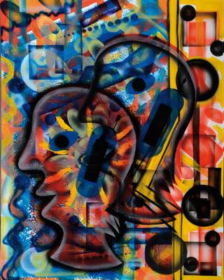Andrea Stuber, geb. 1959, Kommunikation, Acryl/Lwd, teilweise Airbrush, auf Rückseite von Rahmen signiert, datiert 2012 und betitelt, ca. 94x80 cm, ...