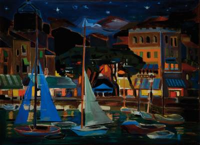 L. Jean, Maler der Mitte des 20. Jh., Nacht über einer Hafenstadt, Öl/Lwd, rechts unten signiert, ca. 72x98cm, Rahmen