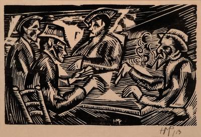 H.M. Pechstein, 1881-1955, Holzschnitt Bild 1048, Kartenspieler, monogrammiert und dat. 13, ca. 14 x 21.5 cm PP., leicht gebräunt