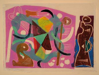 Rolf-Müller-Landau, 1903-1997, heiterer Klang, Monotypie, handsigniert und mit Widmung auf Karton, datiert 55, leichte Randschäden, ca. 54.5x54 cm