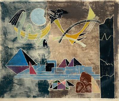 Rolf-Müller-Landau, 1903-1997, Meditation über die Zeichen der Zeit, Monotypie, handsigniert und betitelt, leichte Randschäden, ca. 45 x 54.5 cm, ...