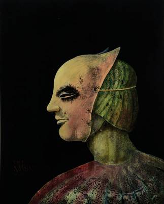 Werner Holz, 1948 Grünstadt-1991 Ludwigshafen, Studium in Mainz, München und Mannheim, Vertreter des Phantastischen Realismus, hier: Die Maske, ...