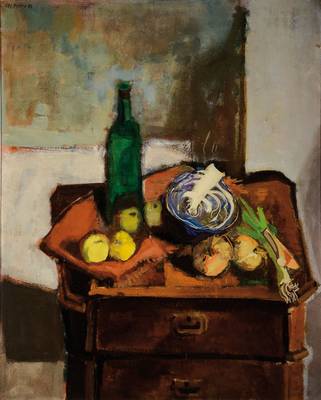 Ute Petry, 1925 Ludwigshafen-2009, Stillleben mit Rotkohl, Lauch, Äpfeln und Flasche, Öl/Lwd, links oben signiert und dat. 57, ca. 97x78cm, Rahmen