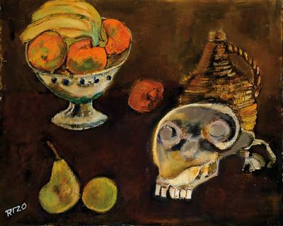 Rizo, französischer Künstler, Stillleben mit Obst und Schädel, Öl/Lwd, signiert, verso bezeichnet: cimaise du vieux colombien Paris VI, ca. 65x81 ...