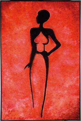 Unbekannter französischer Künstler, weibliche Silhouette auf rotem Hintergrund, Öl/Lwd, rechts unten signiert, ca. 120x80 cm, Leisten