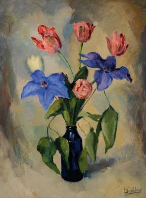 Wilhelm Schreyer, deutscher Maler, Tulpenstillleben in blauer Vase, Öl/Lwd, rechts unten signiert, ca. 80x60 cm, Rahmen
