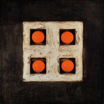 Monogrammist JP, Komposition mit Keramikbällen, Juta auf Holz, rechts unten Stempelmonogramm (schlecht lesbar), ca. 81x80 cm