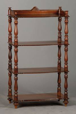Etagere, deutsch um 1880, Nussbaum, 4 Etagen, diese fein profiliert, vollplastische Balustersäulen, Neuverleimung empf., Gebr.- Sp., ca. 89x59x31 cm