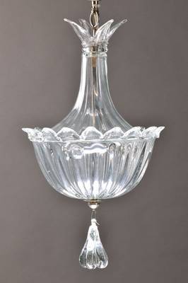 Deckenlampe, Murano, 2. Hälfte 20. Jh., farbloses Glas, mit 3 Brennstellen, mit Abhängung ca. 65 cm , lt. Einlieferer intakt,