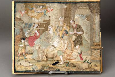 Collage/Heiligenbild, süddeutsch, um 1780, als Vorbild für eine Gobelinarbeit gefertigt, gezeichnete Papierteile und versch. Stoffstücke, Heilige ...