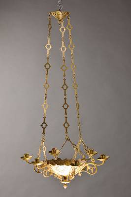 Deckenleuchter, wohl Frankreich, um 1880/90,Messing vergoldet, 6 Brennstellen für Kerzen, Gebr.-Sp., H. ca. 104 cm, D. ca. 53 cm