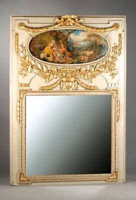 Trumeau, Frankreich, um 1850/60, Holz, mit aufgelegten Schnitzereien, im oberen Drittel eingesetztes Ölgemälde, klassizistischer Stil, guter ...
