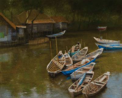 S. Sorentoro, Jakarta, zeitgenössischer indonesischer Maler, in Bali in Ausstellungen vertreten, lichtdurchflutete Flußlandschaft mit Booten, ...