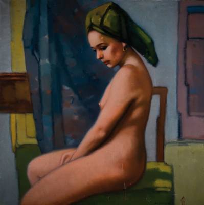 Jan Stratil, geb. 1953, tschechischer Künstler, sitzender Akt mit grünem Turban, nachdenkliche Pose, signiert u. dat. 89, 91 x 90 cm, verschmutzt