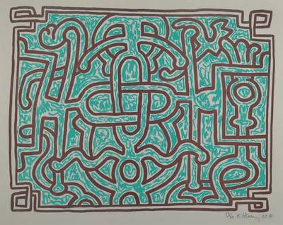 Keith Haring, 1958-1990 New York, Farbsiebdruck in braun und grün, rechts unten signiert und datiert 89, num. 59/90, ca. 54x68cm, unter Glas, Rahmen