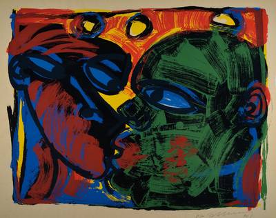 Rainer Fetting, geb. 1949, Der Kuss, Farbserigraphie, handsigniert und nummeriert 65/100, datiert 90, ca. 75x94.5 cm, unter Glas gerahmt