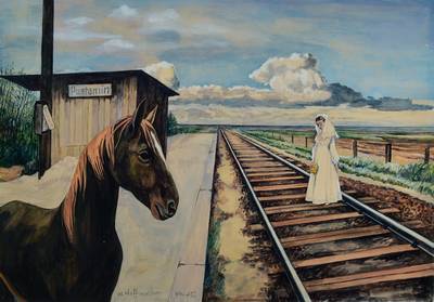 Wilhelm Hoffmeister, 1908-1991, Pustamin, Pferd mit Braut auf Bahngleise, Gouache auf Papier, signiert, ca. 53x72cm, unter Glas, Rahmen