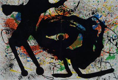 Joan Miro, 1893-1983, Lithographie, "Komposition", aus: Sobréteixims, Maeght, Paris 1973, mit Bugfalte, PP, ca. 36x54 cm, unter Glas ...