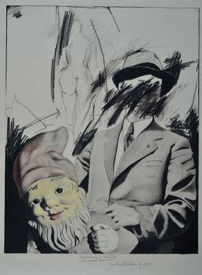 Günther Berlejung, geb. 1949 Ludwigshafen, Kohle-/Buntstiftzeichnung, Gartenzwerge - Eure Zeit ist wieder kommen!, handsigniert und datiert 1985, ...