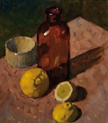 T. Robain, französischer Maler, Stillleben mit Flasche und Zitronen, Öl/Hartfaser, signiert, ca. 48x42 cm, Rahmen