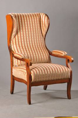 Ohrenbackensessel, um 1850, Nußbaum, stiltypischer Biedermeiersessel, ergonomische Polsterung, schöne Patina, Gebr.-Sp., Altersspuren, ca. ...