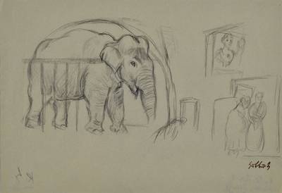 Karl Hubbuch, 1891-1979, Bleistiftzeichnung,Elefant im Zoologischen Garten, Stempelsignatur, Nachlaßstempel, rückseitig bezeichnet ein kleiner ...