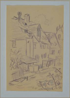 Karl Hubbuch, 1891-1979, Bleistift um 1917, Dorfansicht, monogrammiert, rückseitig Nachlaßstempel PP, Blattgr. ca. 15x10 cm, unter Glas gerahmt