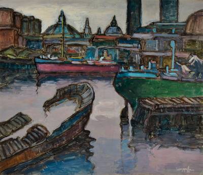 Francisco Lopez Grela, geb. 1915, Öl/Malplatte, Ansicht eines Hafen, signiert und datiert 78, ca. 60x72 cm, Rahmen