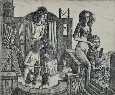 Otfried H. Culmann, geb. 1949, zwei Radierungen: Penelope, 1970, bez. e.a., ca. 19x32cm; Das Hinterzimmer eines Frauenbades, 1973-75, num. 2/60, ca. ...